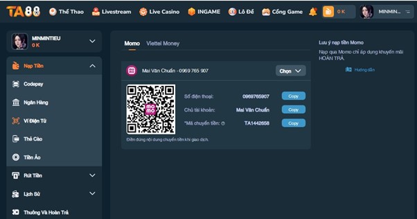 Bạn có thể lựa chọn nạp tiền thông qua ví điện tử Momo