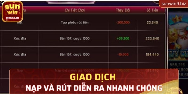 Giao dịch nạp và rút diễn ra rất nhanh chóng 